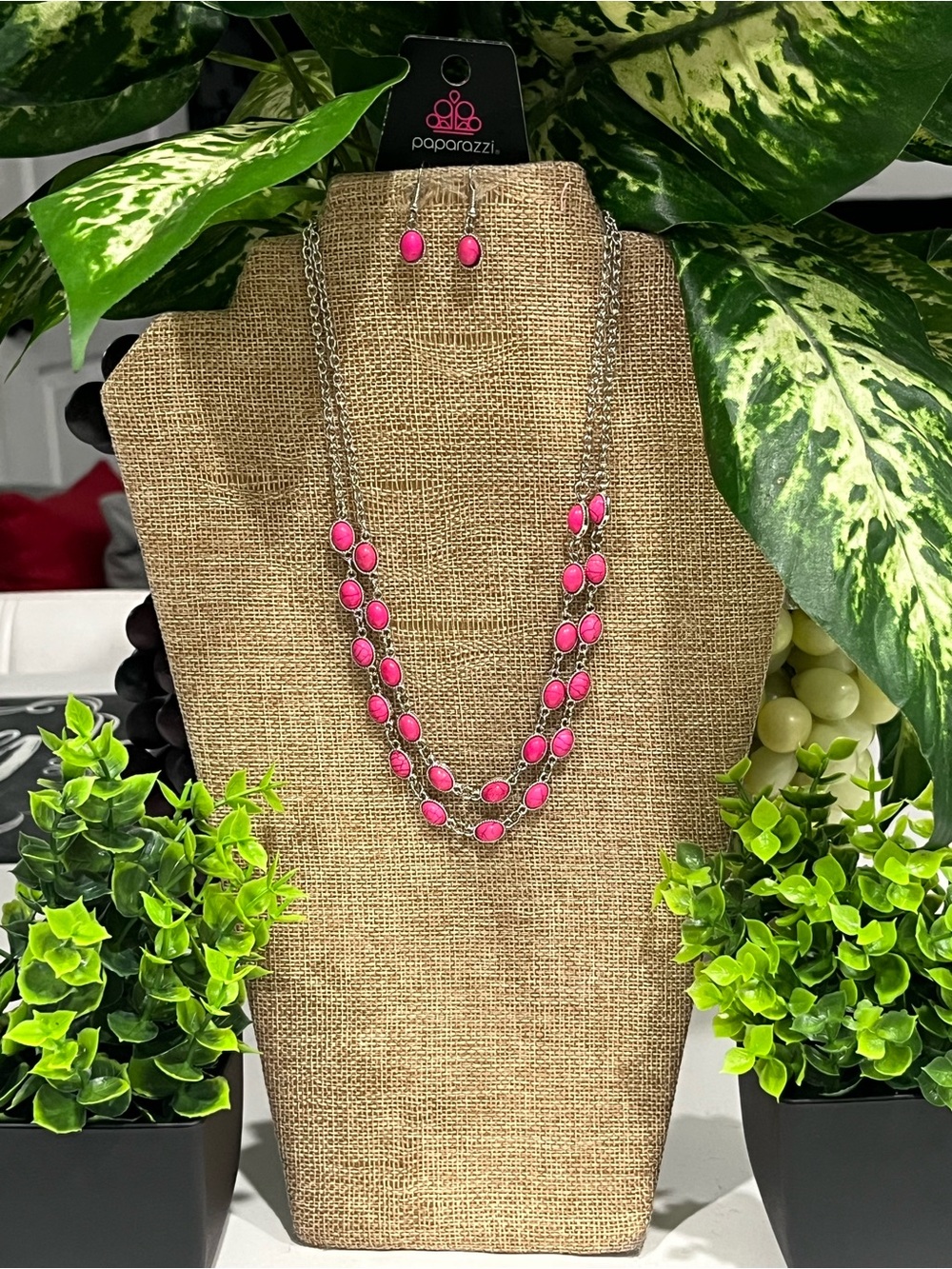 paparazzi Vibrant Pink Double Strand Necklace with Stud Earrings